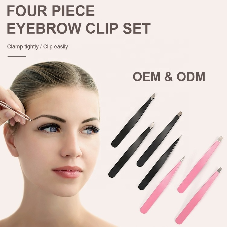 Custom Logo Personal Beauty 4 Pieces Eyebrow Makeup Tool Eyelash Tweezer Kit Clip Curved Slanted Pointed Eyebrow Tweezers Set