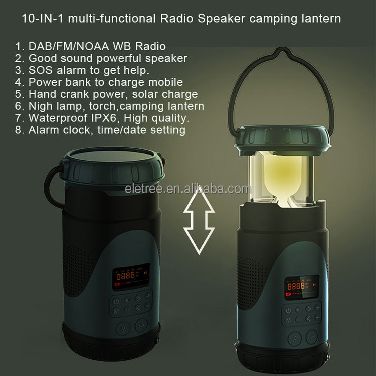 ELETREE Outdoor IPX5 Waterproof Speaker 5000mAh Power Bank Wireless Radio LED Light Survival Solar Camping Lantern