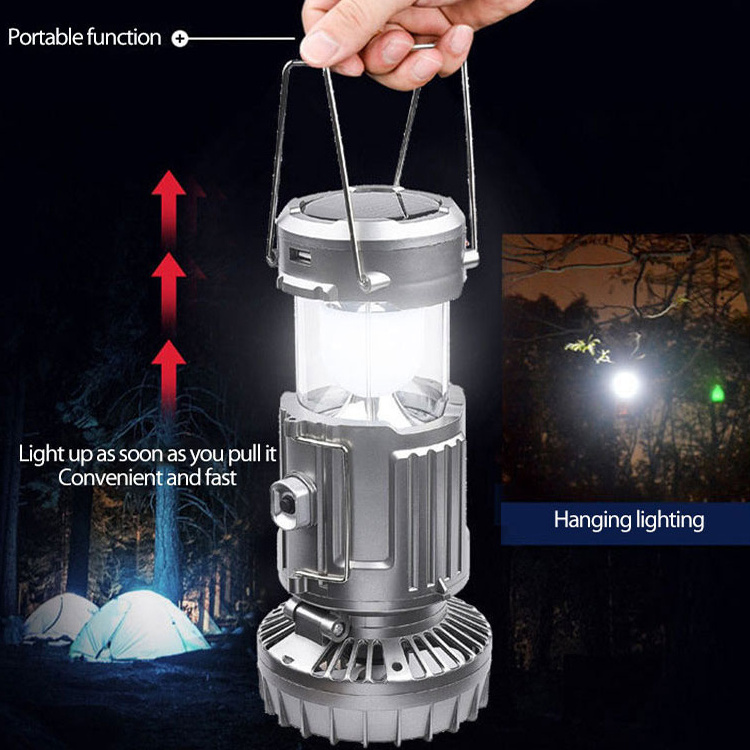 3 En 1 Multifunction Hanging Led Waterproof Solar Camping Lamp Rechargeable Fan With Led Lamp En Mexico