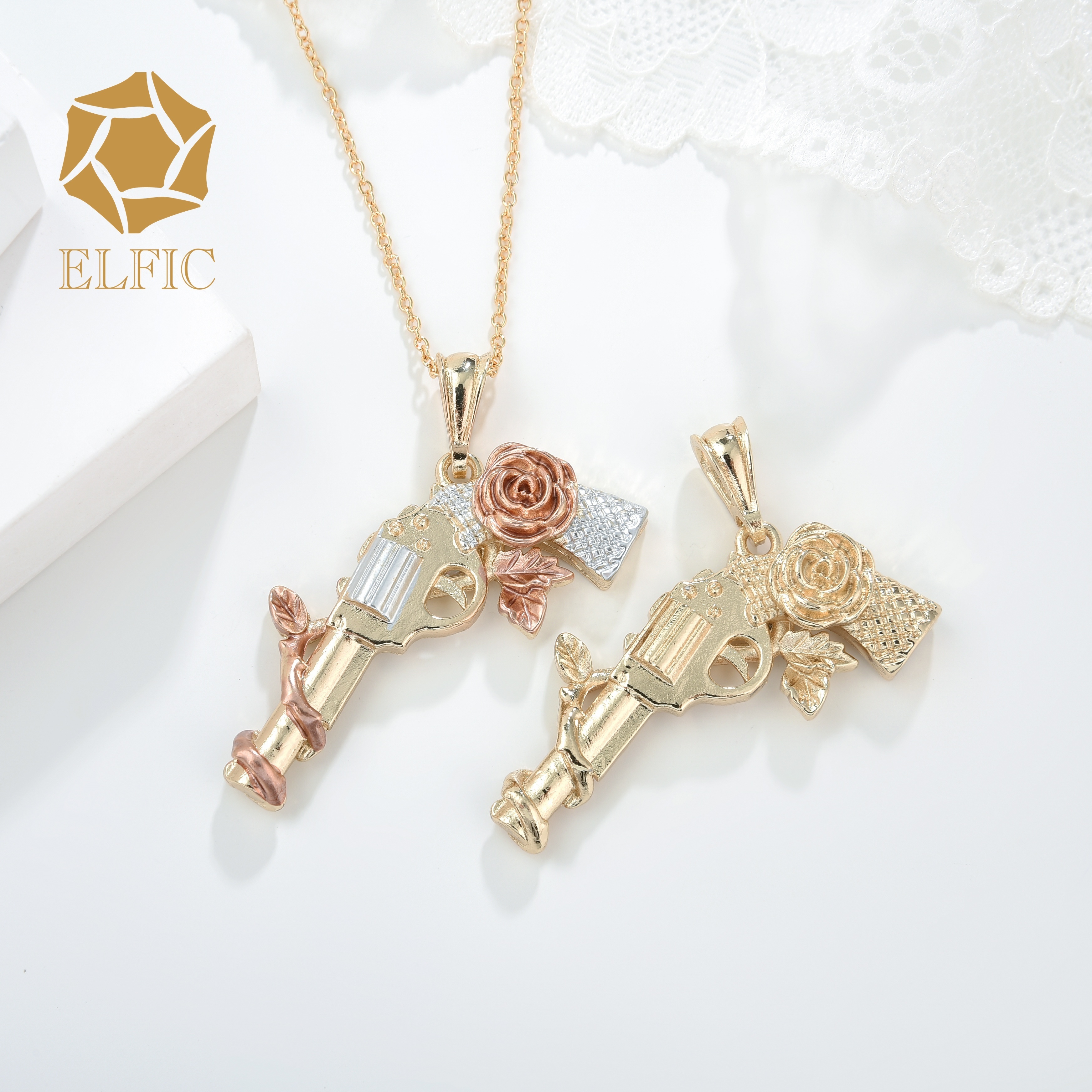 Elfic 14k gold plated pendant charm lady jewelry wholesale new design rose gun vintage  pendant for women