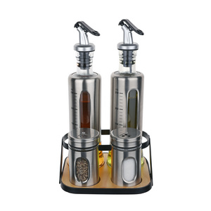 Stainless Steel Olive Oil Vinegar Salt and Pepper Dispenser Set Glass Spice Dispenser with Wood Rack