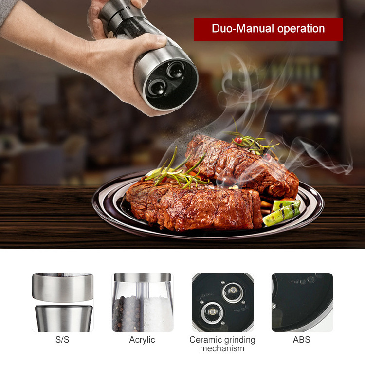 *duo-manual Salt & Pepper Mill 2 in 1 Salt and Pepper Grinder Spice Grinder Stainless Steel Jar Hot Sales Herb Mill