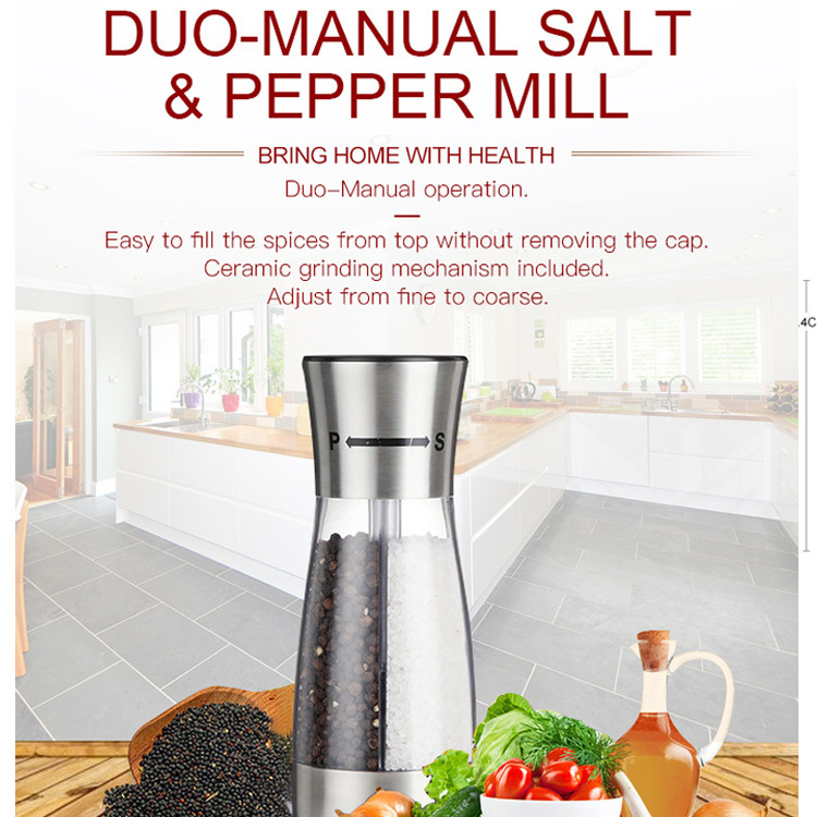 *duo-manual Salt & Pepper Mill 2 in 1 Salt and Pepper Grinder Spice Grinder Stainless Steel Jar Hot Sales Herb Mill