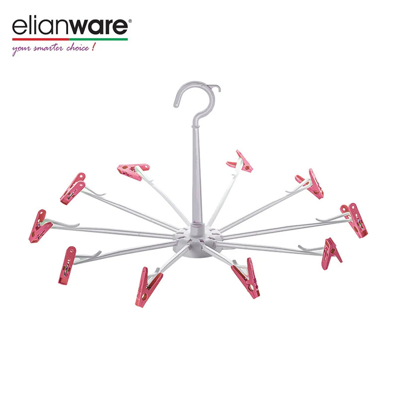 Best Selling Price Elianware Foldable Umbrella Style Plastic Round Clothes Hanger Come with Clips