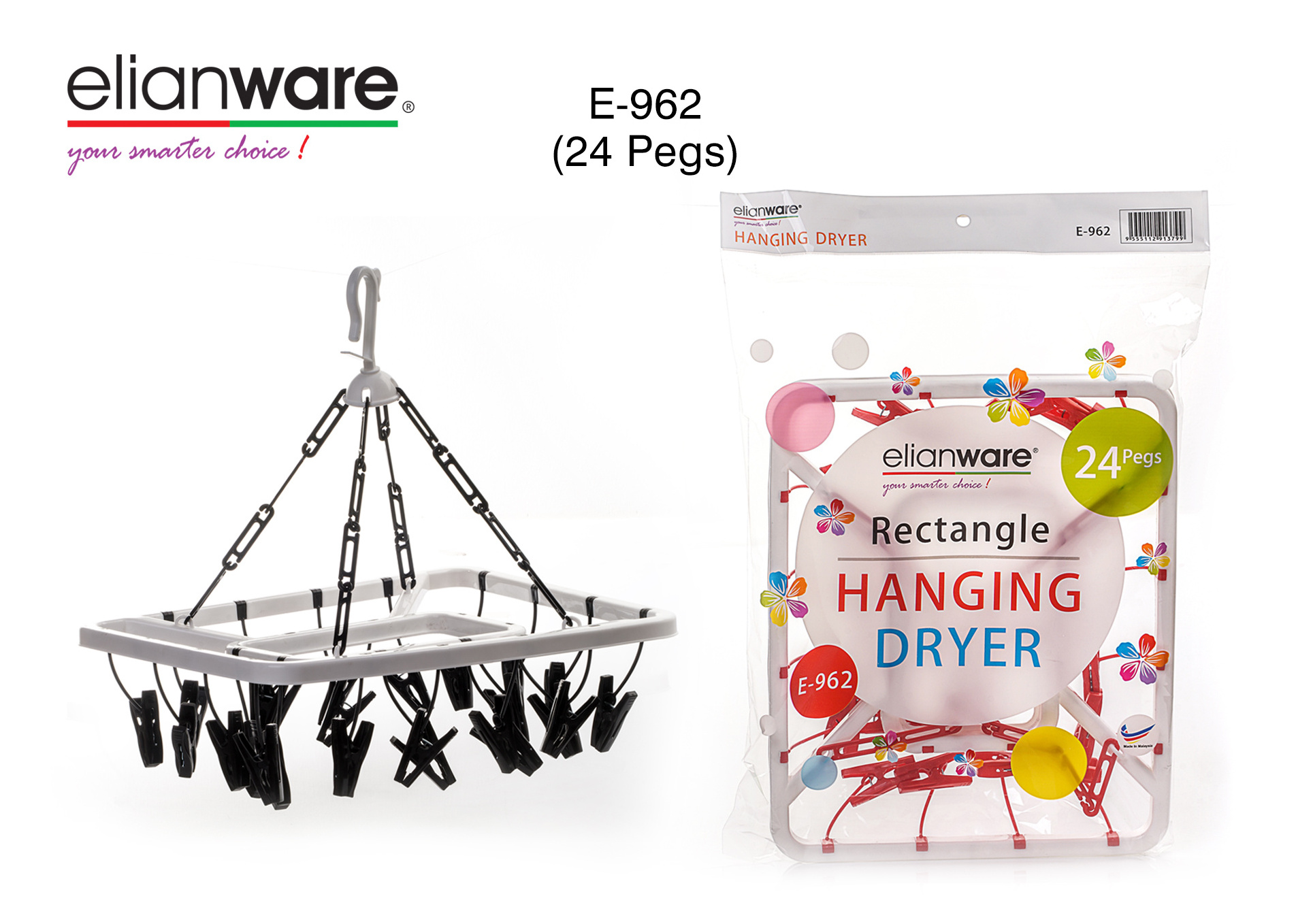 Elianware High Quality 15 Clip Pegs Round and 24 Clips Pegs Rectangle Clothes Hanger Windproof Drying Rack With Hook