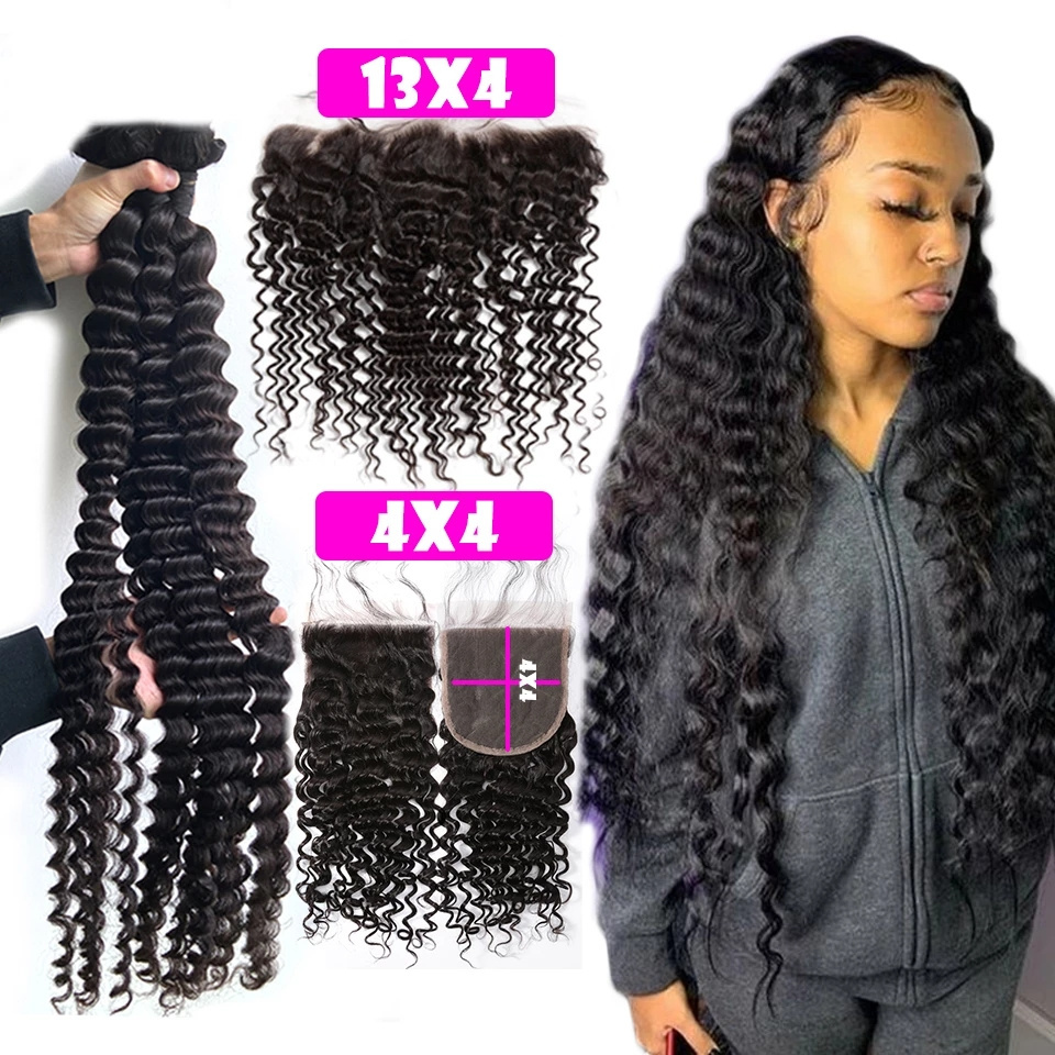 Raw Indian hair bundles with hd closure 10a grade kinky curly loose deep body straight virgin hair bundles and closure set