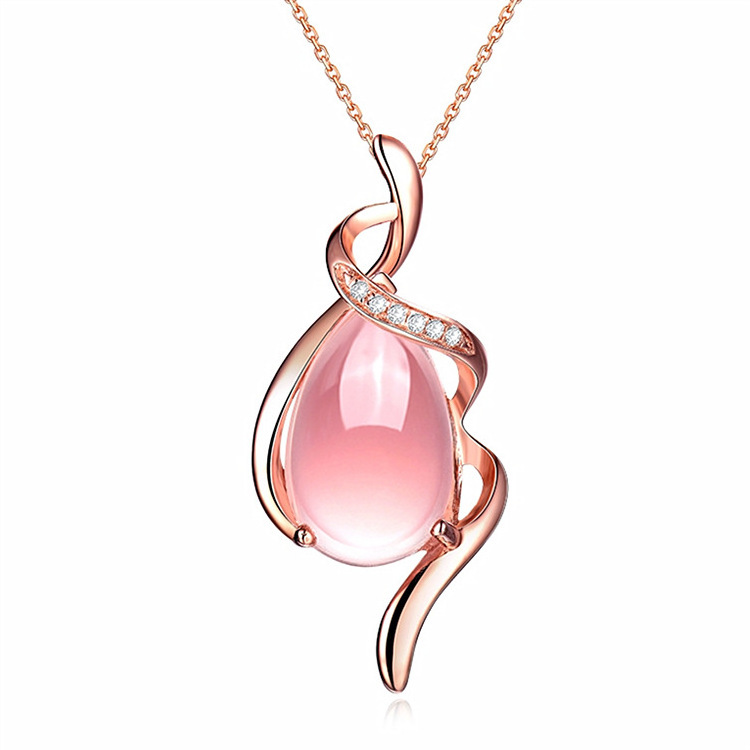 Natural Rose Quartz Crystal Stone Pendant Necklace For Women Stainless Steel Gemstone Fashion Jewelry