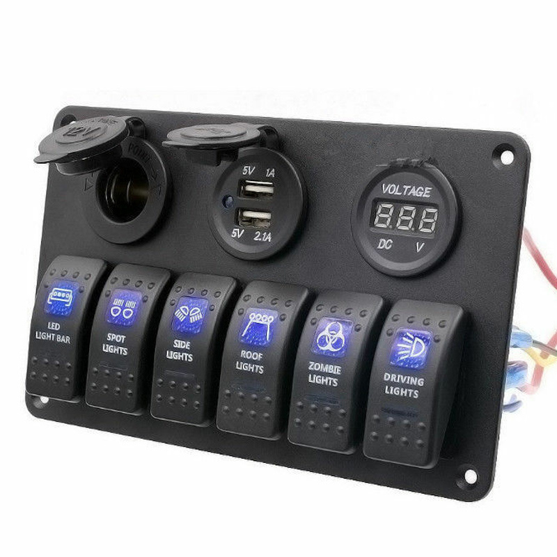 6 Gang Switch Panel for Car Boat Marine Cigarette Lighter Socket Dual USB Socket Charger LED Voltmeter 12V Power