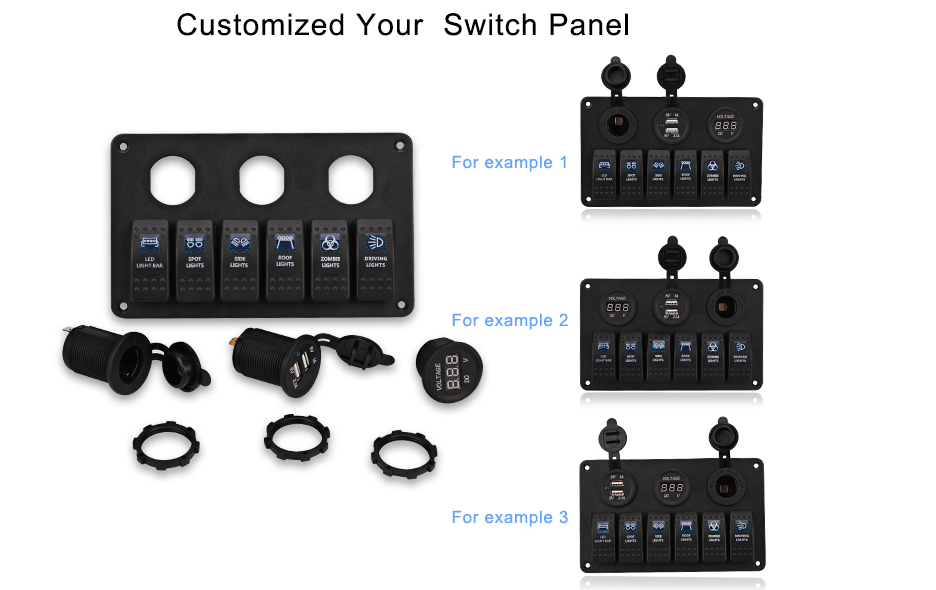 6 Gang Switch Panel for Car Boat Marine Cigarette Lighter Socket Dual USB Socket Charger LED Voltmeter 12V Power