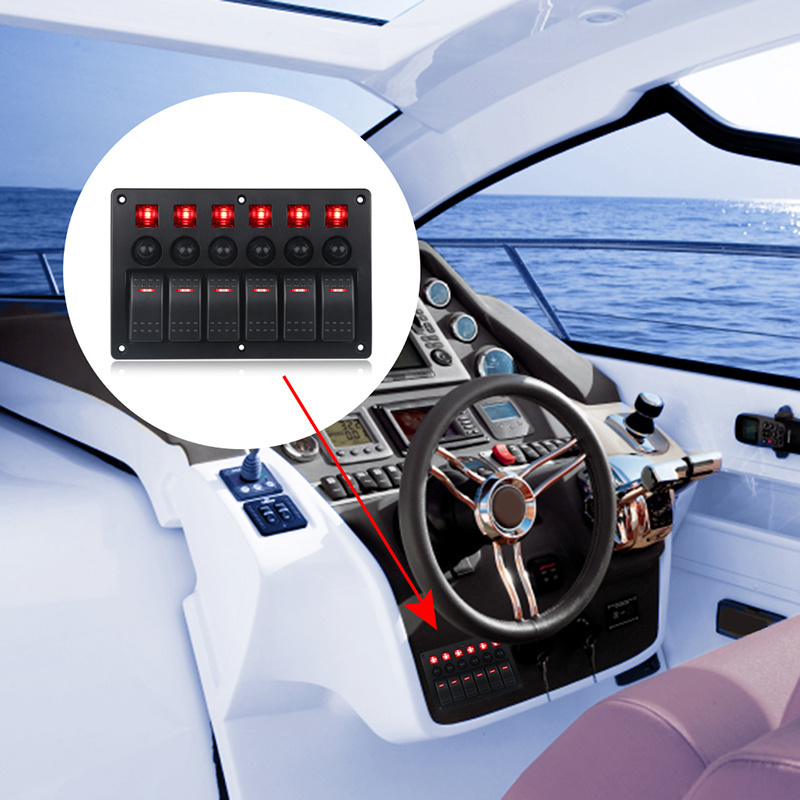 6 Gang LED Rocker Switch Panel 12V 24V Waterproof On-Off  Boat Marine Car With Breakers