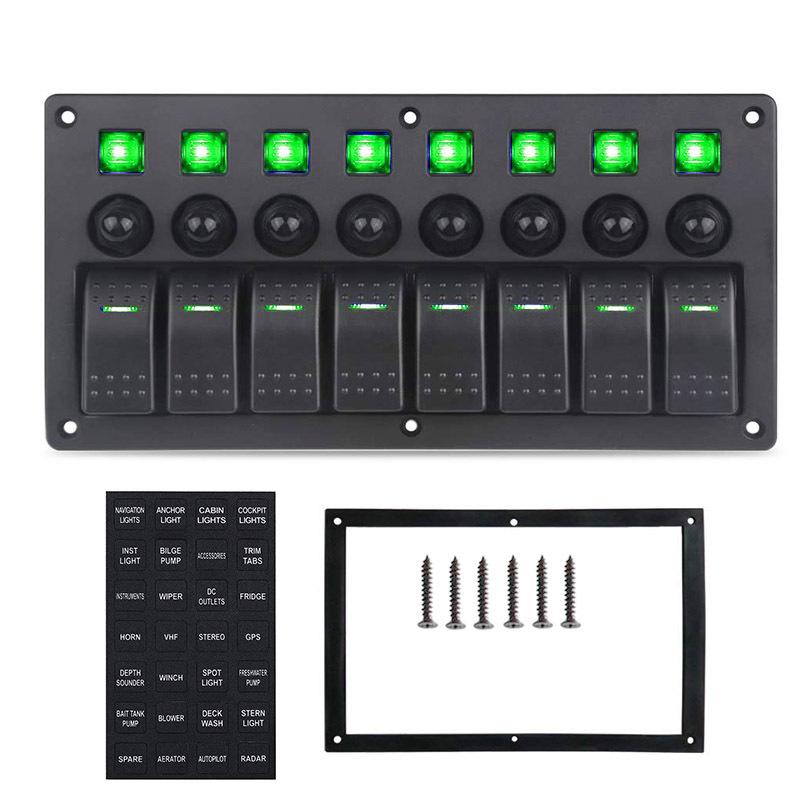 8 Gang LED Boat Rocker Switch Panel 12V 24V Waterproof On-Off  Boat Marine Car With Breakers