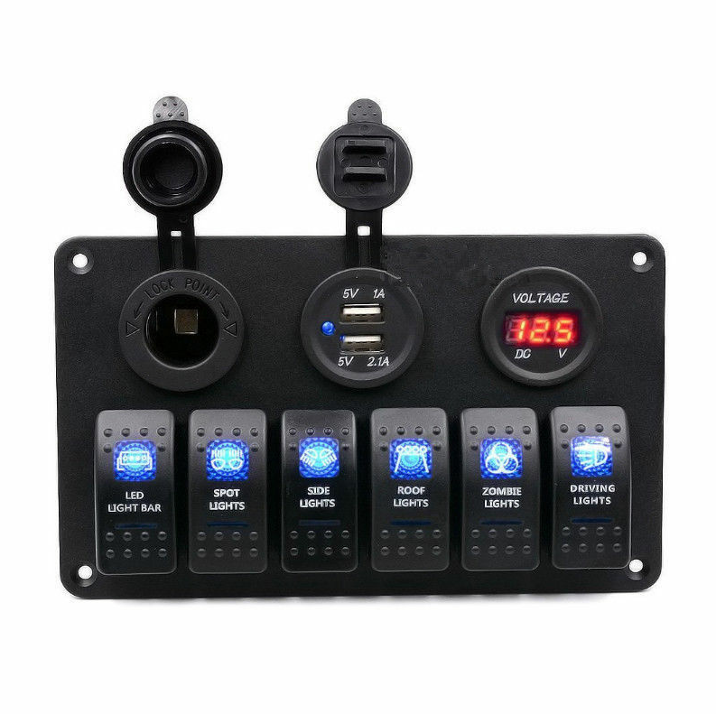 6 Gang Switch Panel for Car Boat Marine Cigarette Lighter Socket Dual USB Socket Charger LED Voltmeter 12V Power