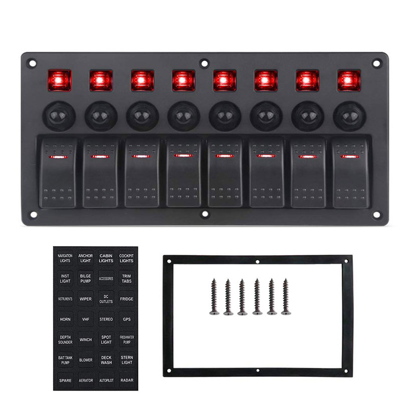 8 Gang LED Boat Rocker Switch Panel 12V 24V Waterproof On-Off  Boat Marine Car With Breakers