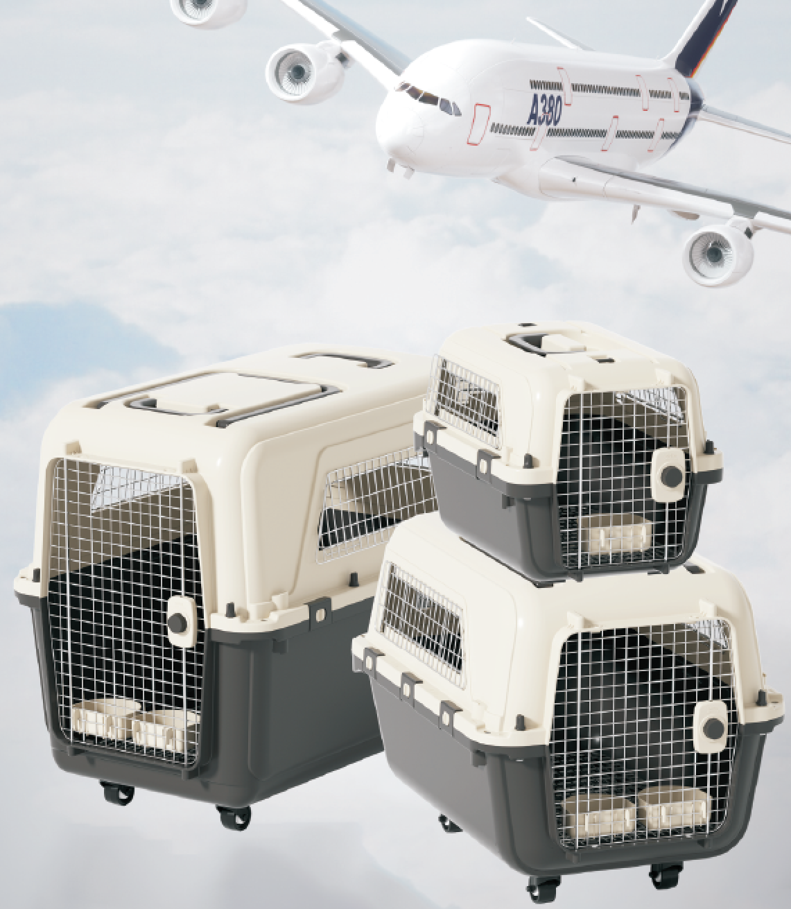 IATA Airline Kennels Large Kennel on Wheel Dog Cat Crate Carrier Approved Plastic Pet Travel Solid Grey & White 7-15 Days