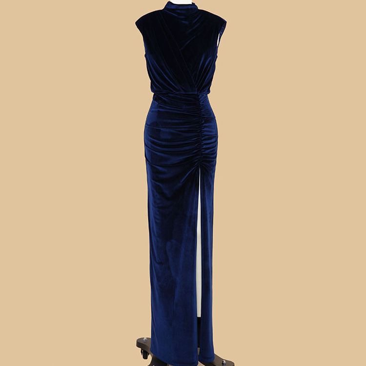 OEM ODM round high neck dropped navy cutty sleeve yarn dyed front split evening dress blue velvet formal dinner dresses