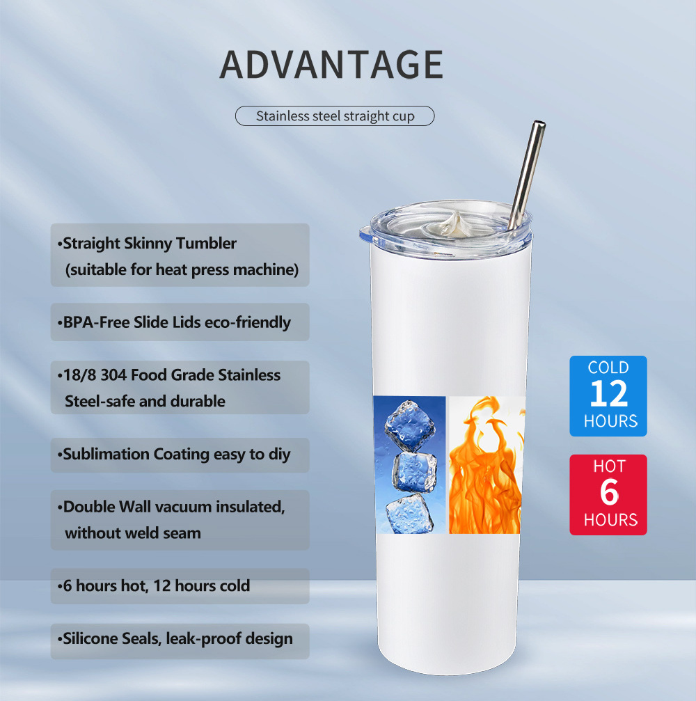 Heat Press Double Wall stainless steel printable Skinny Straight Blanks Sublimation Tumbler 20oz water bottle individual packing