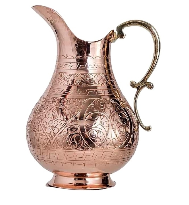 Heavy Gauge 100% Pure Solid Hammered Copper Moscow Mule Water Pitcher Hand Crafted Pure Copper Water Jug With Embossed Design