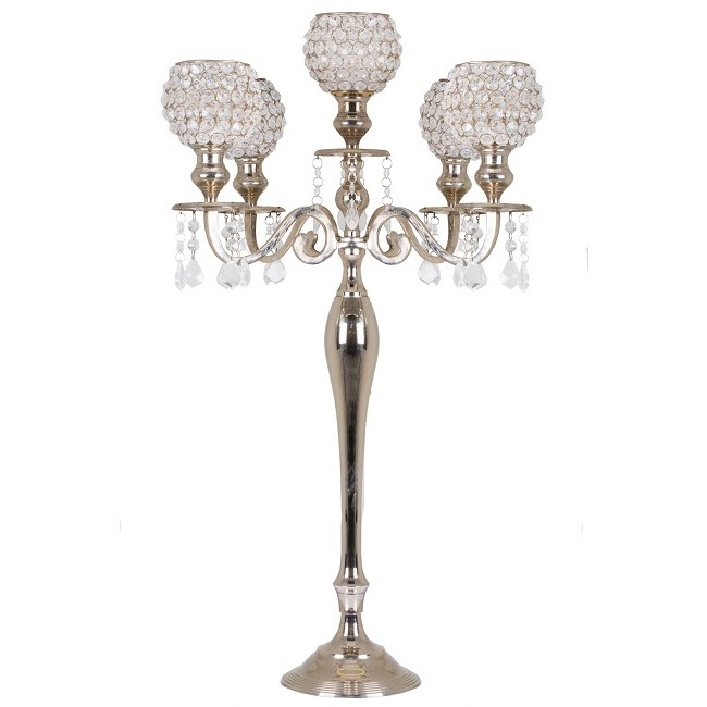 Crystal 5 Arm Candelabra Handicraft Candlestick Holder Customized Shape Gold Colour Luxury Diamond Candle Holders manufacturer