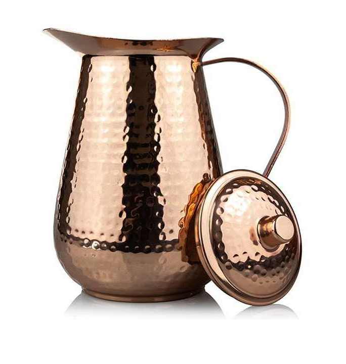 Heavy Gauge 100% Pure Solid Hammered Copper Moscow Mule Water Pitcher Hand Crafted Pure Copper Water Jug With Embossed Design