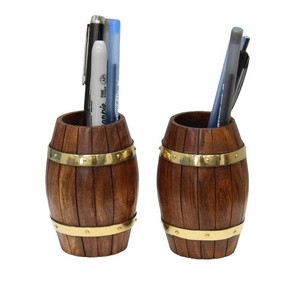 Set of Two Decorative Wine Barrel Shaped Wooden Pen Holders for Office Desk Desktop Organizer Wire Pen Holder For Office Home