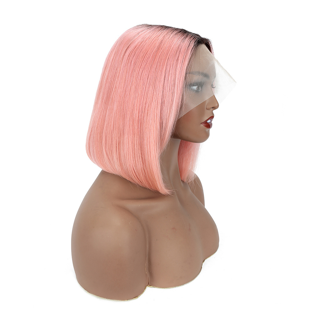 Factory Price Remy 100% Real Human Hair Brazilian lace front wig T Part Lace Bob Wigs T1BRose Pink Short Bob Wigs