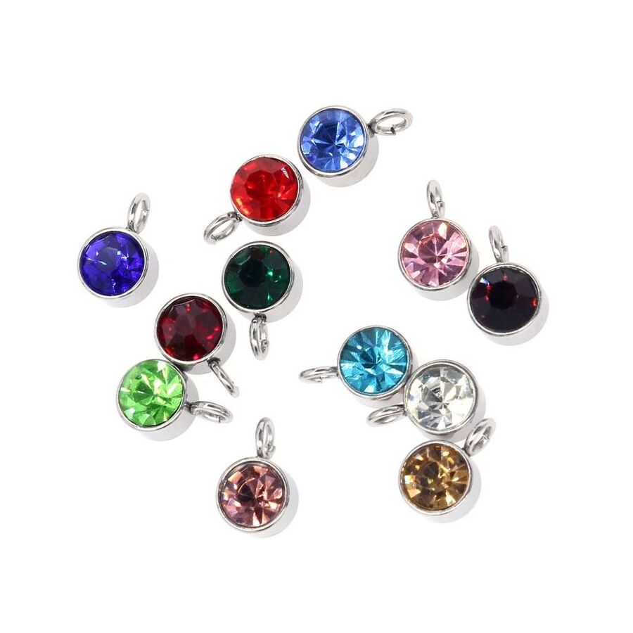 12 Pcs Stainless Steel 6mm Round Rhinestone Crystal Birthstone Pendant Charm Finding for DIY Jewelry Necklace Bracelet Making