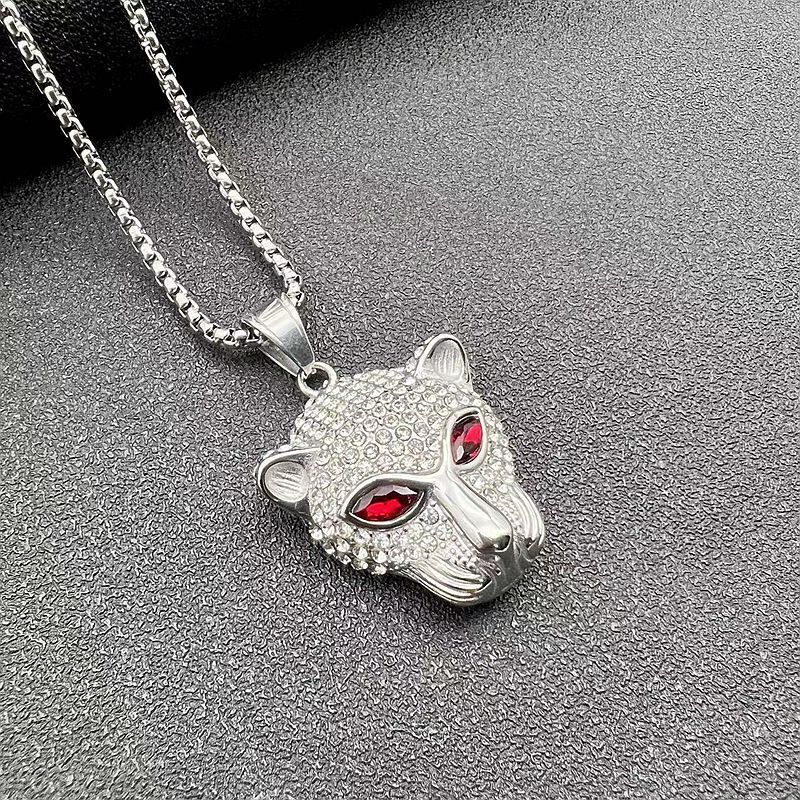 Hip Hop Necklace Jewelry with Crystals Gold Plated Stainless Steel Iced Out Green Red Eye Leopard Pendant Necklace for Women Men