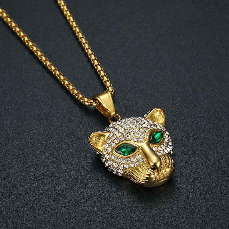 Hip Hop Necklace Jewelry with Crystals Gold Plated Stainless Steel Iced Out Green Red Eye Leopard Pendant Necklace for Women Men