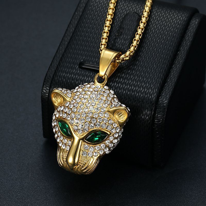 Hip Hop Necklace Jewelry with Crystals Gold Plated Stainless Steel Iced Out Green Red Eye Leopard Pendant Necklace for Women Men