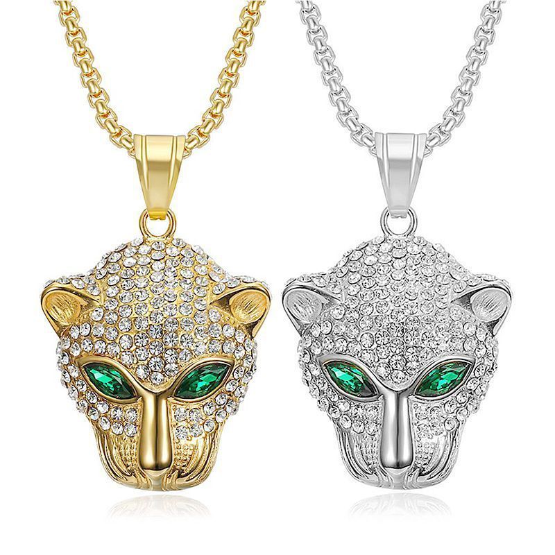 Hip Hop Necklace Jewelry with Crystals Gold Plated Stainless Steel Iced Out Green Red Eye Leopard Pendant Necklace for Women Men