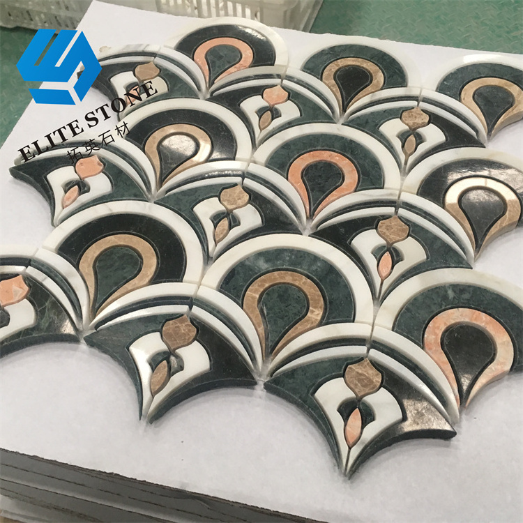 Natural Polished Waterjet Light Green Marble With Chips In Fan Shape Leaf Pattern Stone Mosaic Tiles Customized