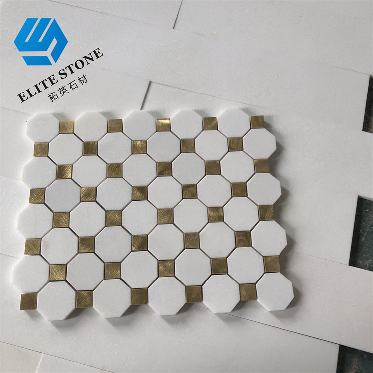 Hexagon aluminum mosaic marble white and triangle gold peel n stick aluminium mosaic tiles