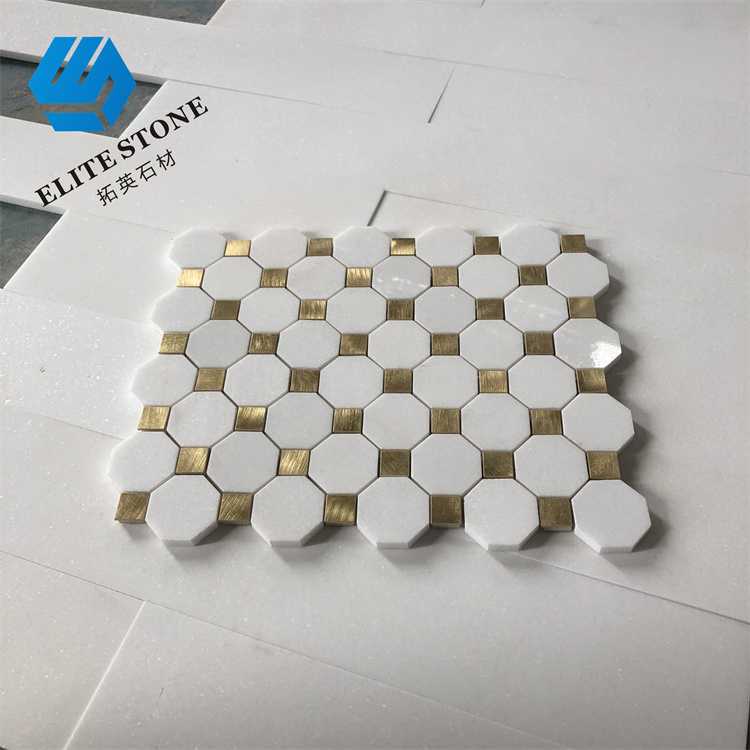 Hexagon aluminum mosaic marble white and triangle gold peel n stick aluminium mosaic tiles