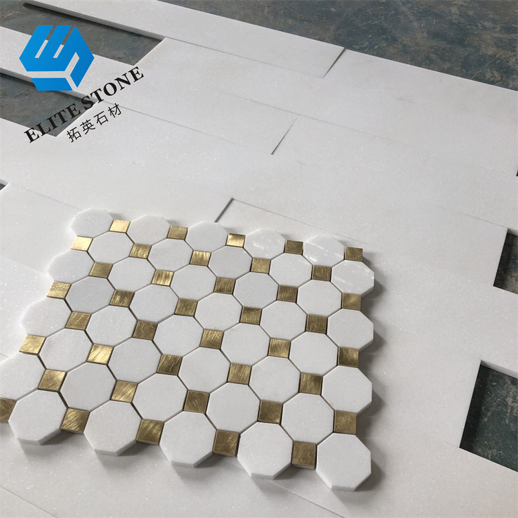 Hexagon aluminum mosaic marble white and triangle gold peel n stick aluminium mosaic tiles