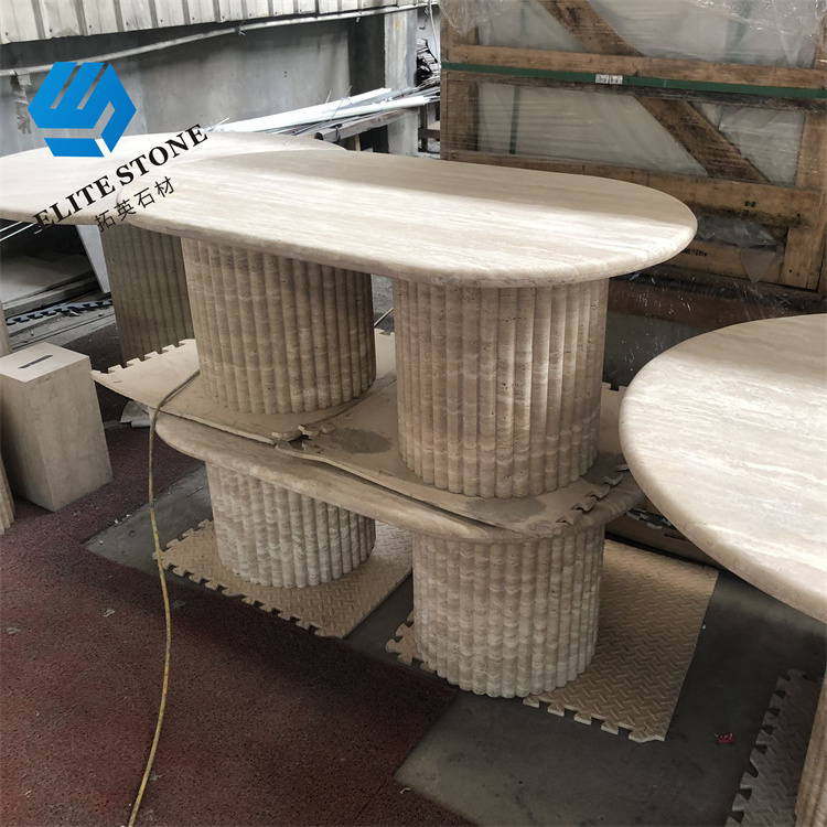 Outdoor indoor natural stone hand carved table modern large design luxury oval round travertine marble coffee dining table