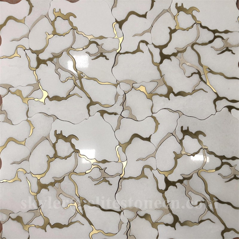 Brass and white marble unique pattern floor and wall mosaic tiles