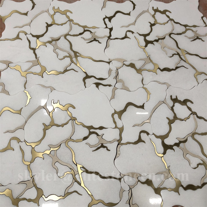 Brass and white marble unique pattern floor and wall mosaic tiles