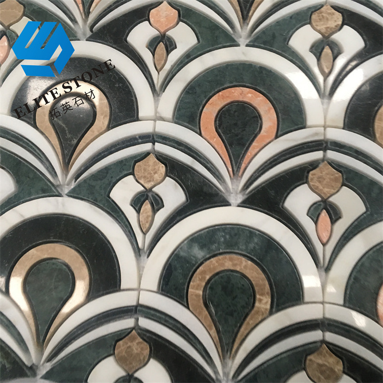 Natural Polished Waterjet Light Green Marble With Chips In Fan Shape Leaf Pattern Stone Mosaic Tiles Customized