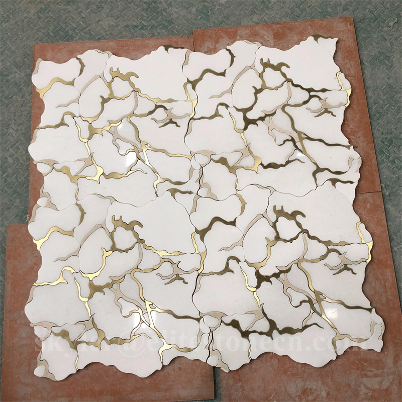 Brass and white marble unique pattern floor and wall mosaic tiles