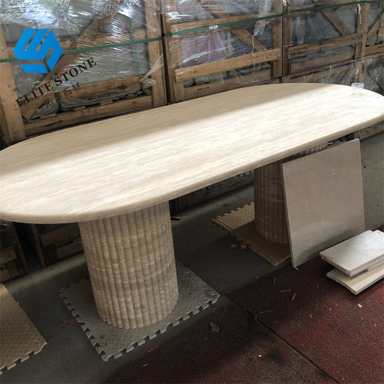 Outdoor indoor natural stone hand carved table modern large design luxury oval round travertine marble coffee dining table