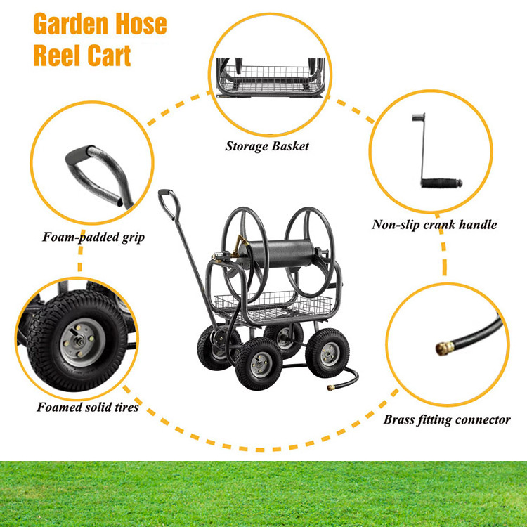 Garden Hose Reel Cart 4-Wheels Heavy Duty Hose Cart,  Waterproof Cover Cart Industrial Hose Reels for Outside