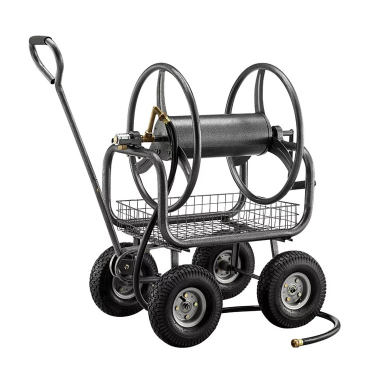 Garden Hose Reel Cart 4-Wheels Heavy Duty Hose Cart,  Waterproof Cover Cart Industrial Hose Reels for Outside