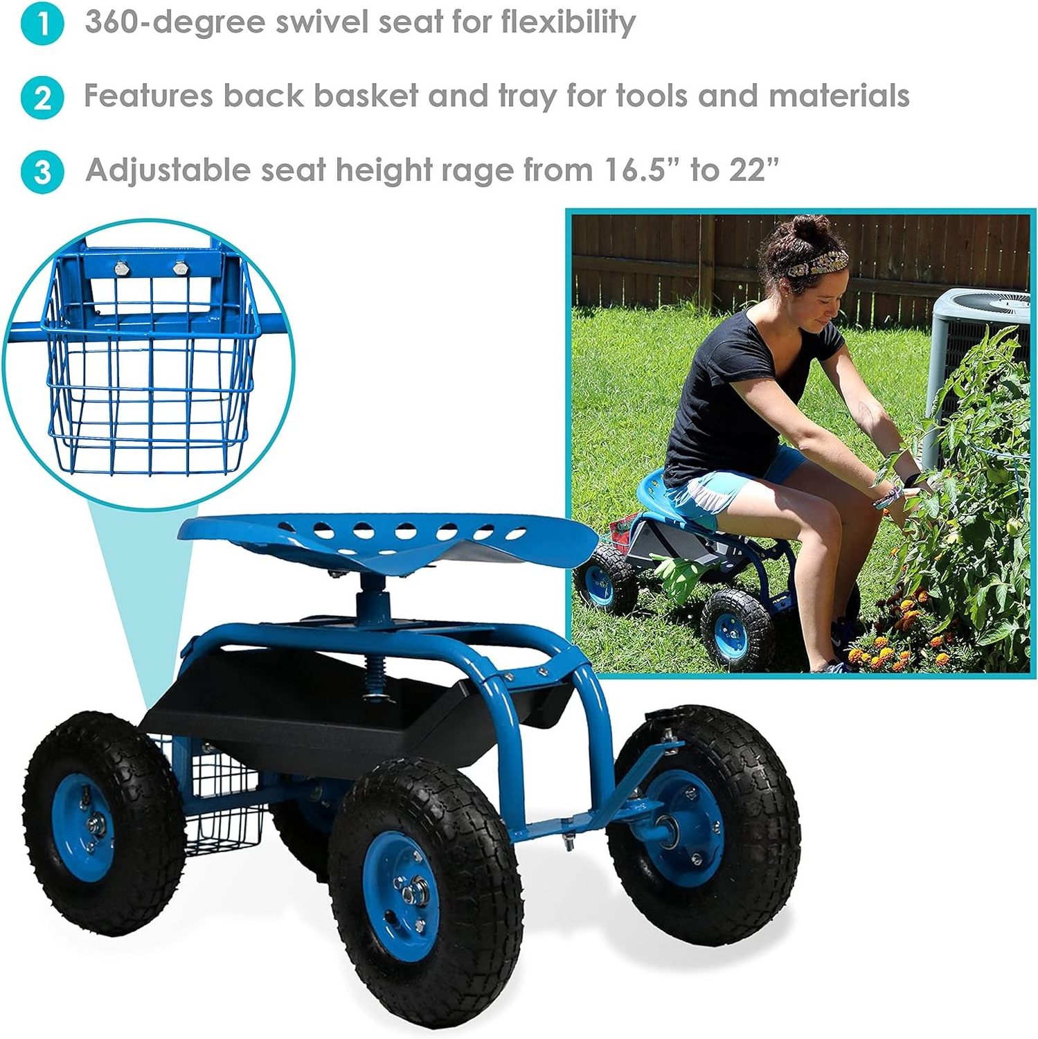 Steel Rolling Seat Workshop Trolley, Garden Cart with Steering Handle, Seat