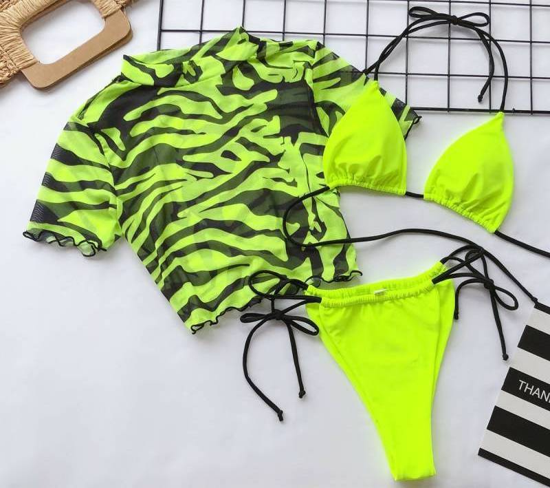 Swimsuits Manufacturer Wholesale Custom Sexy Women Bikini Neon Green 3 Piece Swimwear Hot Sell Fashion Bathing Suit