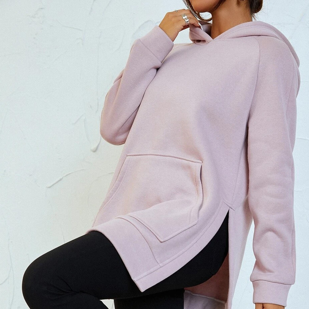 High Quality Custom Logo Raglan Sleeve Split Hem Hoodie For Women / Latest Design Drop Shoulder Long Hoodie For Women