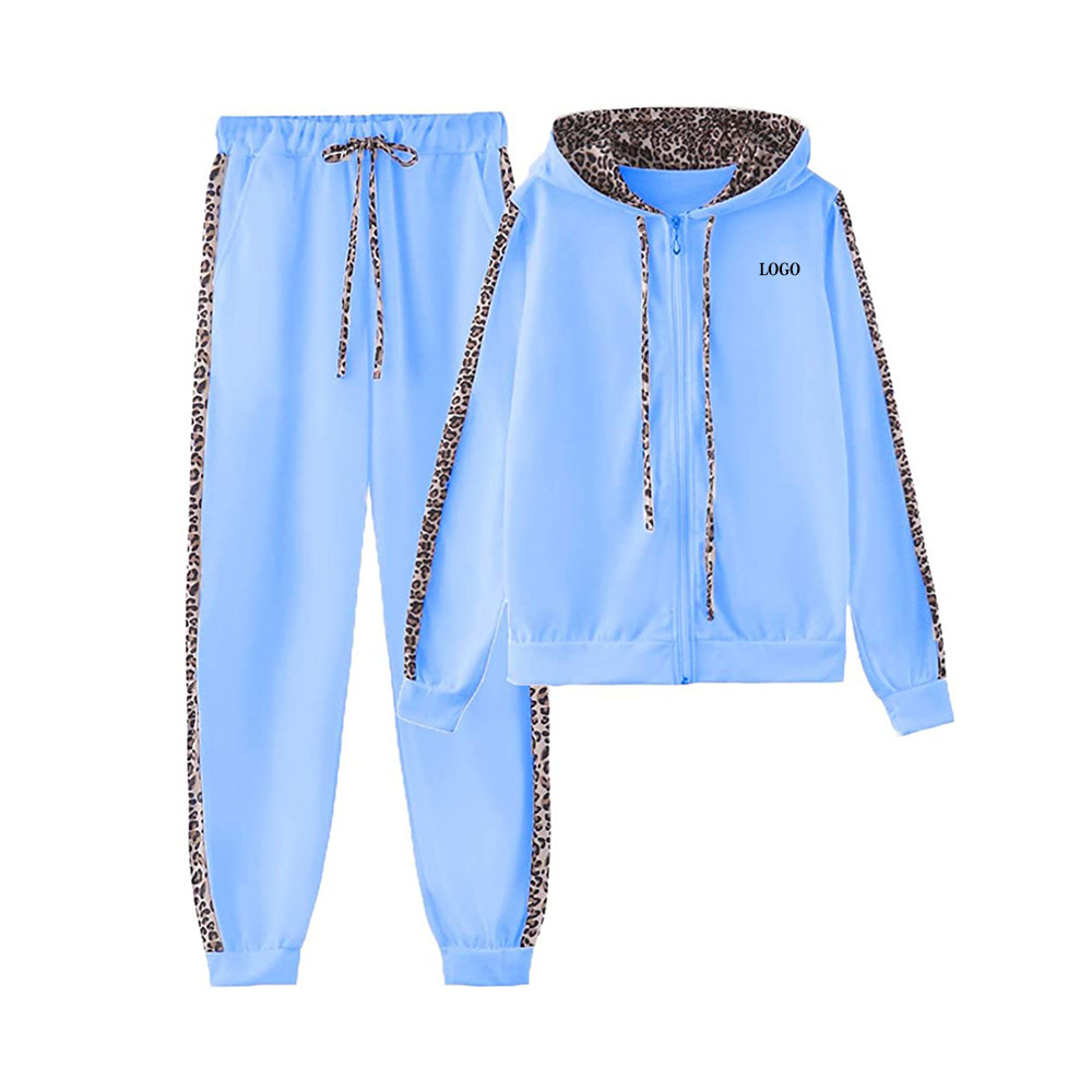 Women's hooded tracksuit sets leopard Print patch work hoodie sweatshirt and jogging pants for ladies