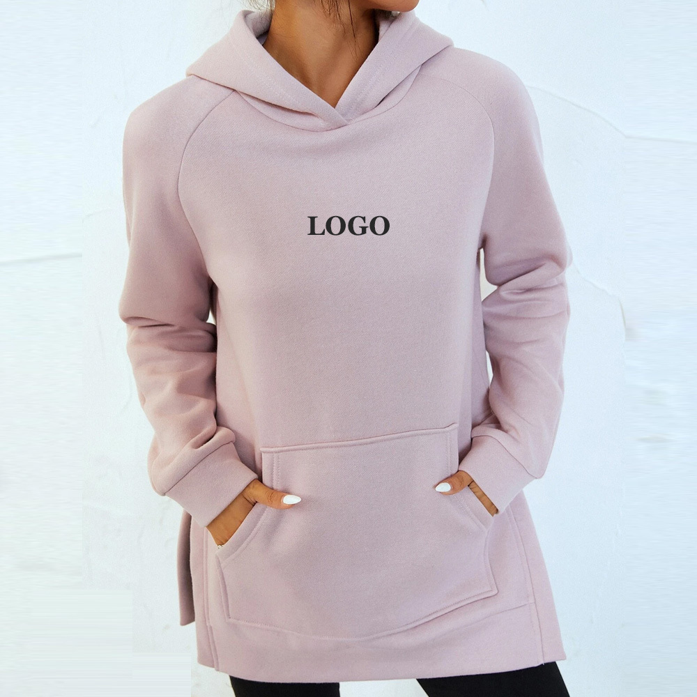 High Quality Custom Logo Raglan Sleeve Split Hem Hoodie For Women / Latest Design Drop Shoulder Long Hoodie For Women