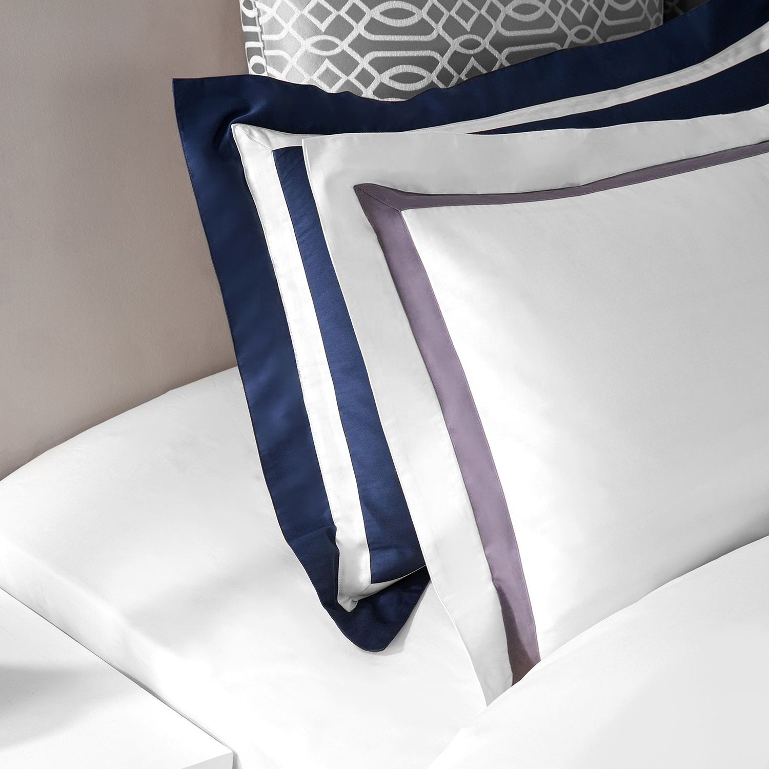 Four seasons luxury new design for home 100%cotton white bed sheets with purple decoration beautiful hotel bedding sets