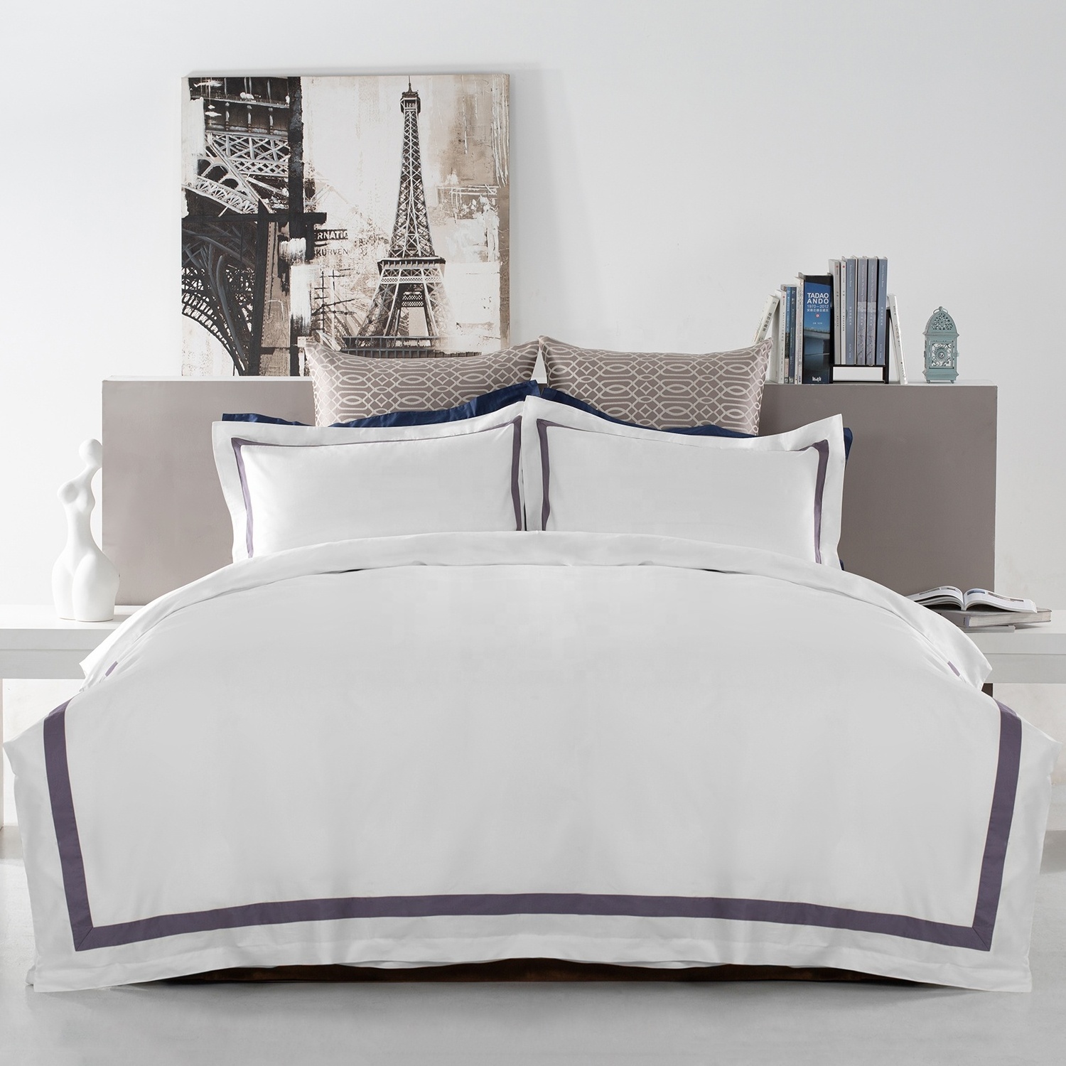 Four seasons luxury new design for home 100%cotton white bed sheets with purple decoration beautiful hotel bedding sets