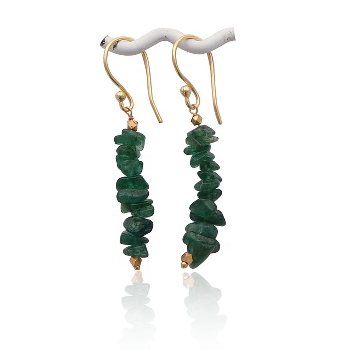 Wonderful green jade gemstone nugget beads earring gold plated dangle hook earrings wire wrapped earrings pairs jewelry gifts